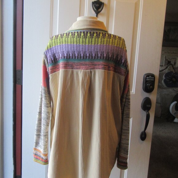 A. Peach Size Small Yellow Tan Corduroy and Multi Colored Sweater Shacket - Picture 8 of 14